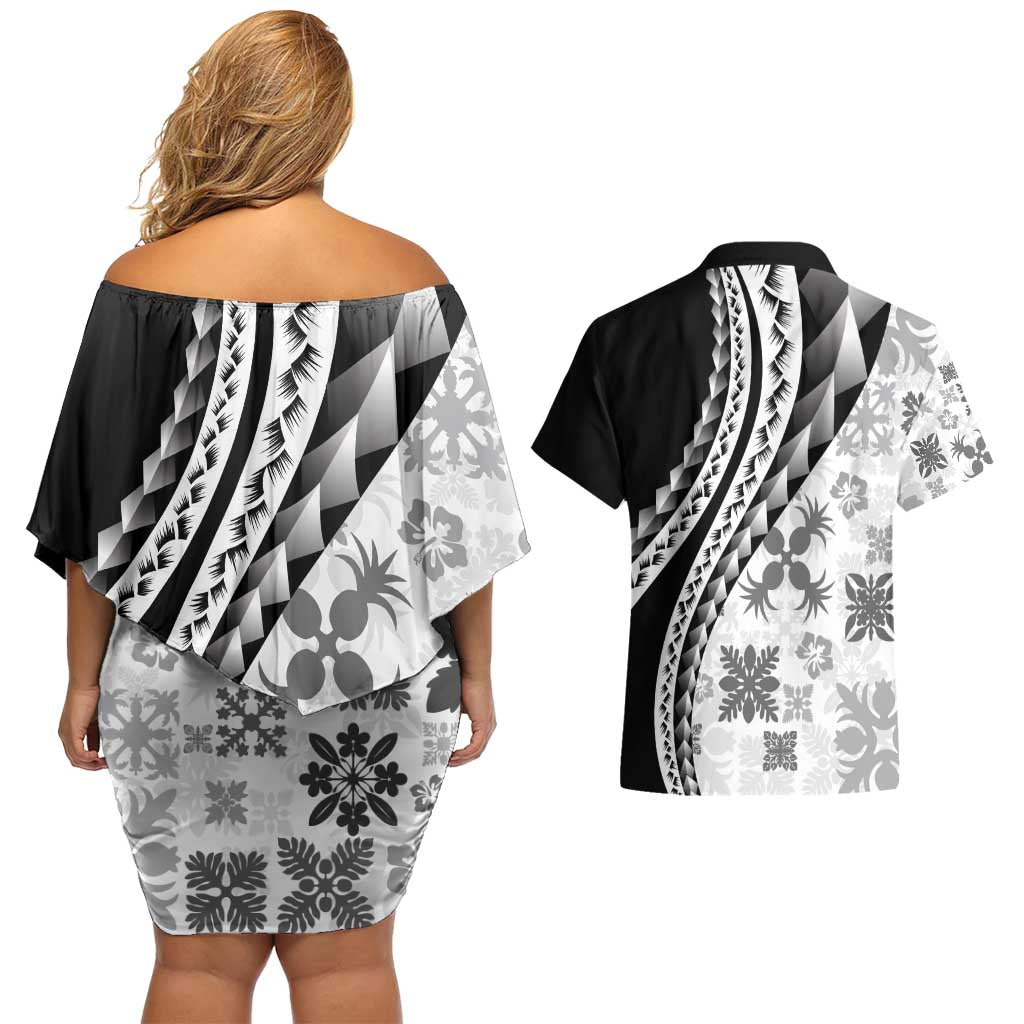 Black Hawaiian Quilt Pattern Couples Matching Off Shoulder Short Dress and Hawaiian Shirt Mixed Polynesian Tribal Arty LT9 - Polynesian Pride