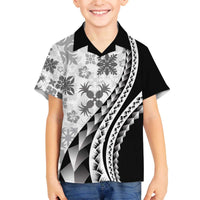Black Hawaiian Quilt Pattern Family Matching Off The Shoulder Long Sleeve Dress and Hawaiian Shirt Mixed Polynesian Tribal Arty