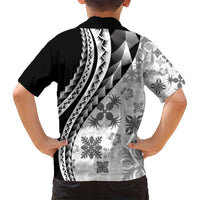 Black Hawaiian Quilt Pattern Family Matching Off Shoulder Short Dress and Hawaiian Shirt Mixed Polynesian Tribal Arty