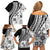 Black Hawaiian Quilt Pattern Family Matching Off Shoulder Short Dress and Hawaiian Shirt Mixed Polynesian Tribal Arty