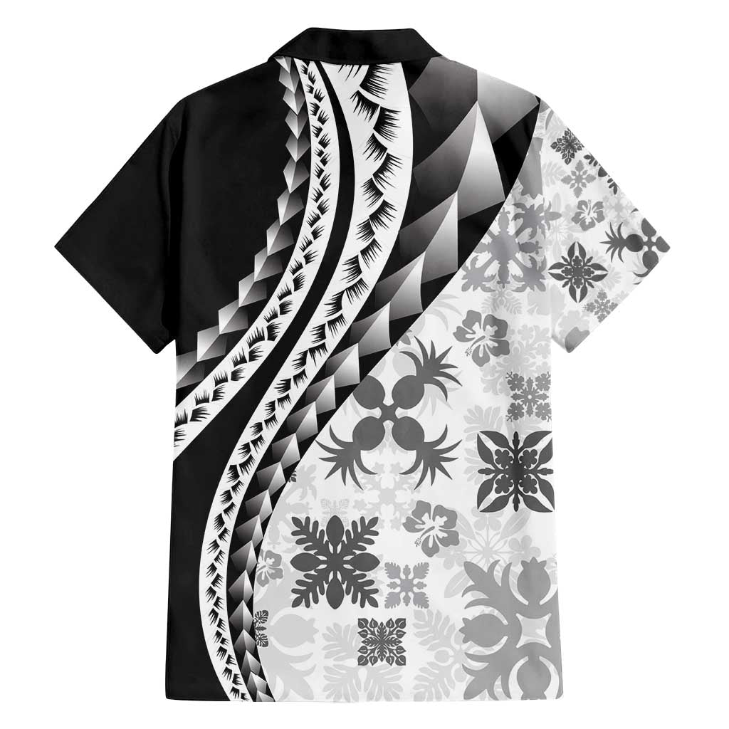 Black Hawaiian Quilt Pattern Family Matching Puletasi and Hawaiian Shirt Mixed Polynesian Tribal Arty