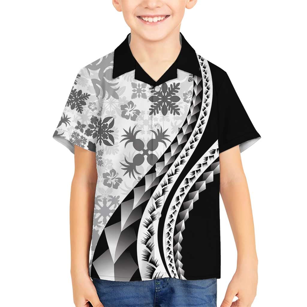 Black Hawaiian Quilt Pattern Family Matching Puletasi and Hawaiian Shirt Mixed Polynesian Tribal Arty