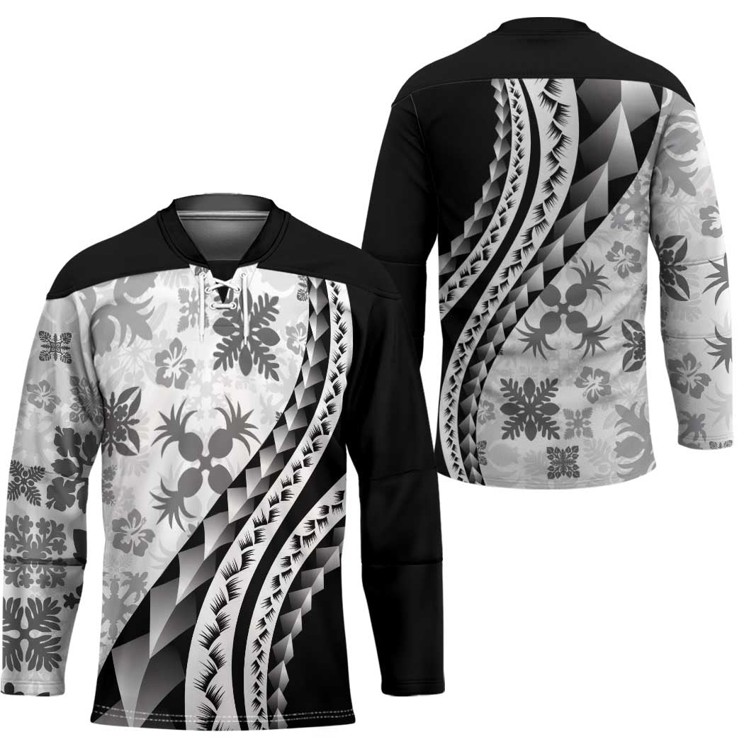 Black Hawaiian Quilt Pattern Hockey Jersey Mixed Polynesian Tribal Arty - Polynesian Pride