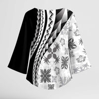 Black Hawaiian Quilt Pattern Kimono Sleeve Blouse Mixed Polynesian Tribal Arty - Polynesian Pride