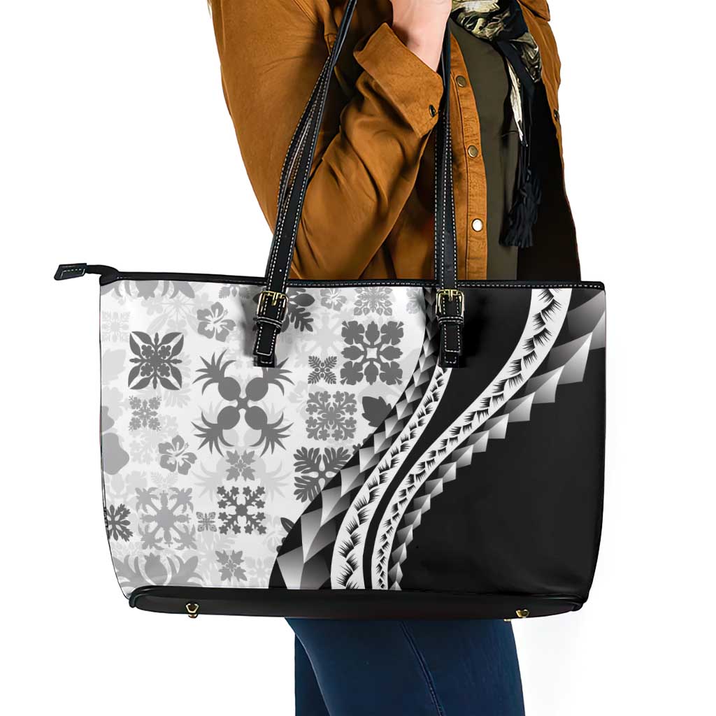 Black Hawaiian Quilt Pattern Leather Tote Bag Mixed Polynesian Tribal Arty LT9 - Polynesian Pride