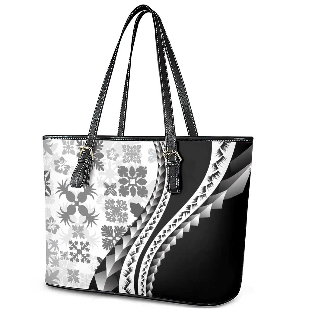 Black Hawaiian Quilt Pattern Leather Tote Bag Mixed Polynesian Tribal Arty LT9 - Polynesian Pride