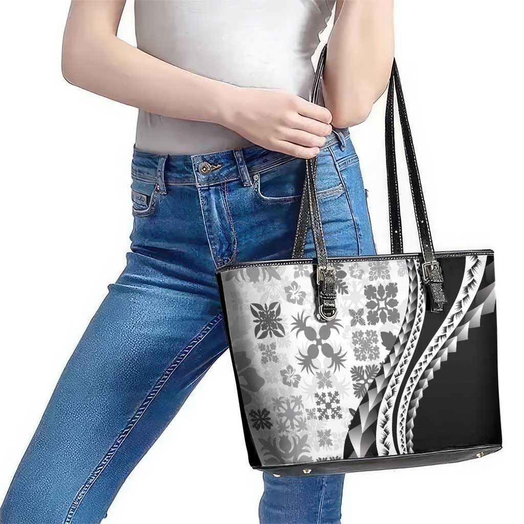 Black Hawaiian Quilt Pattern Leather Tote Bag Mixed Polynesian Tribal Arty LT9 - Polynesian Pride