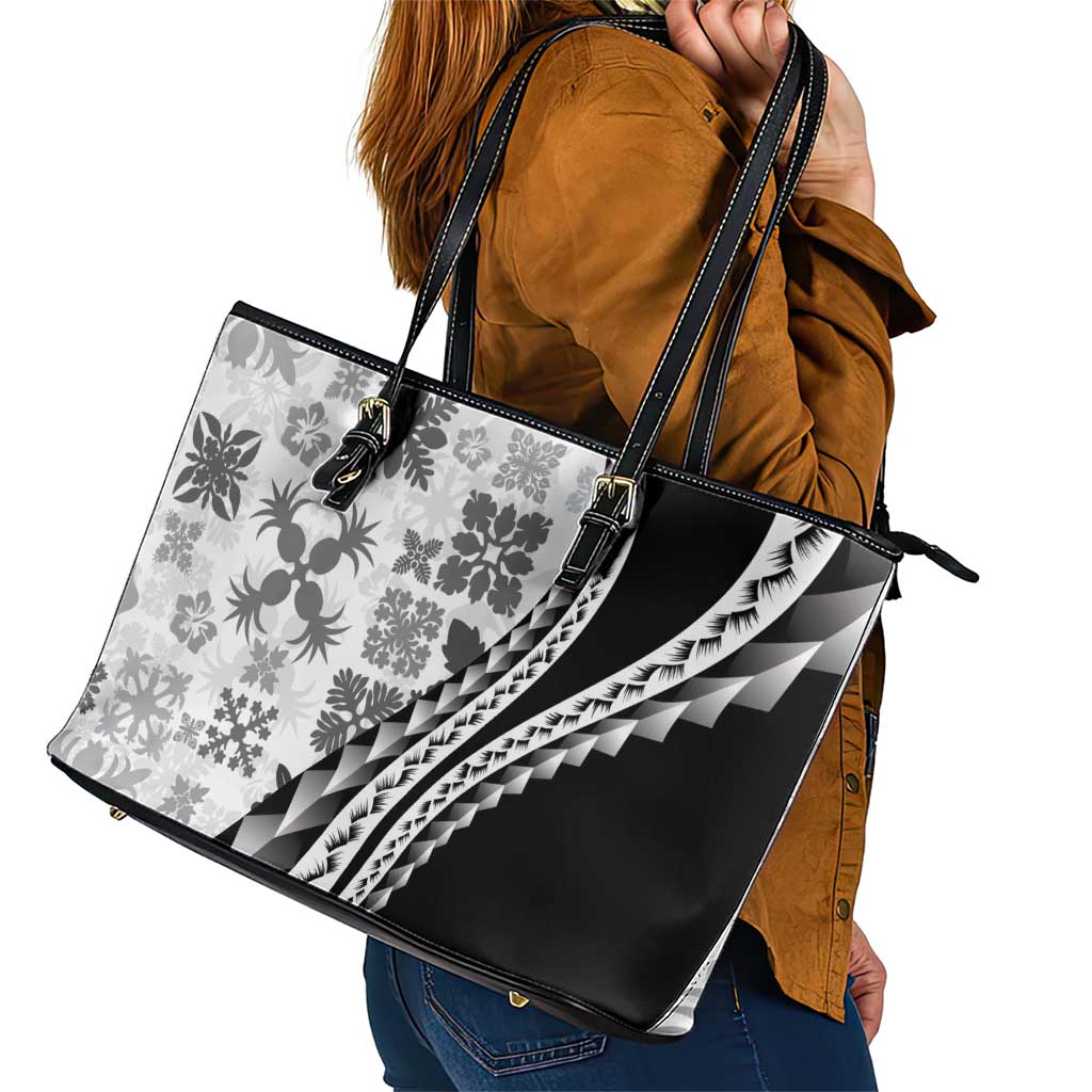 Black Hawaiian Quilt Pattern Leather Tote Bag Mixed Polynesian Tribal Arty LT9 - Polynesian Pride