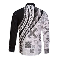 Black Hawaiian Quilt Pattern Long Sleeve Button Shirt Mixed Polynesian Tribal Arty LT9 - Polynesian Pride
