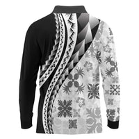 Black Hawaiian Quilt Pattern Long Sleeve Polo Shirt Mixed Polynesian Tribal Arty