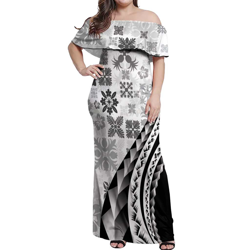 Black Hawaiian Quilt Pattern Off Shoulder Maxi Dress Mixed Polynesian Tribal Arty