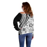 Black Hawaiian Quilt Pattern Off Shoulder Sweater Mixed Polynesian Tribal Arty