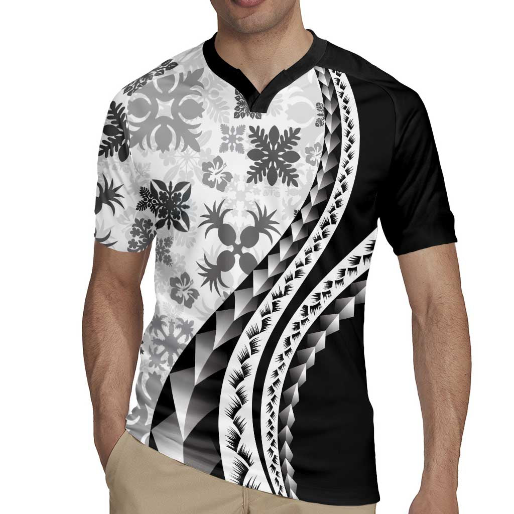 Black Hawaiian Quilt Pattern Rugby Jersey Mixed Polynesian Tribal Arty