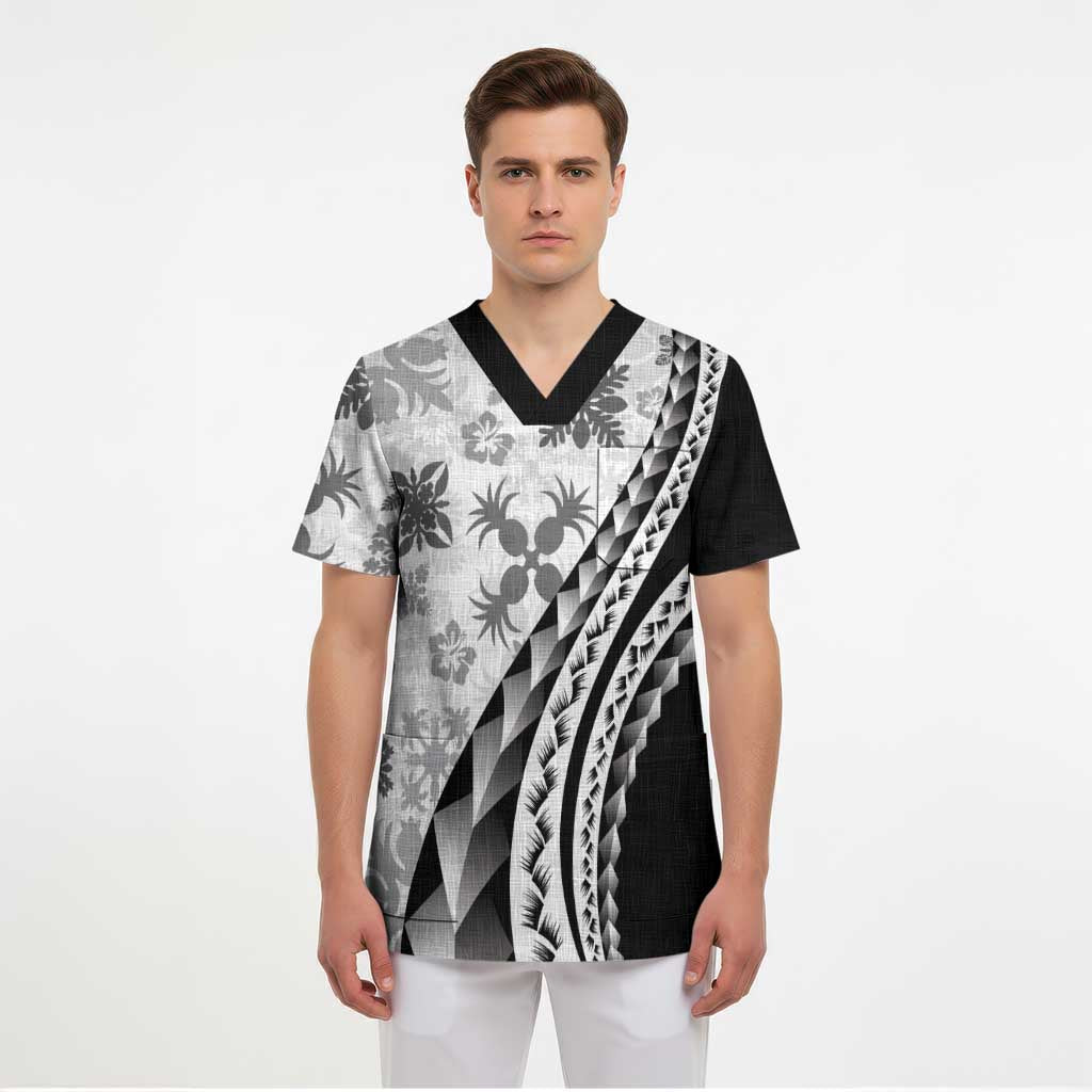 Black Hawaiian Quilt Pattern Scrub Top Mixed Polynesian Tribal Arty - Polynesian Pride