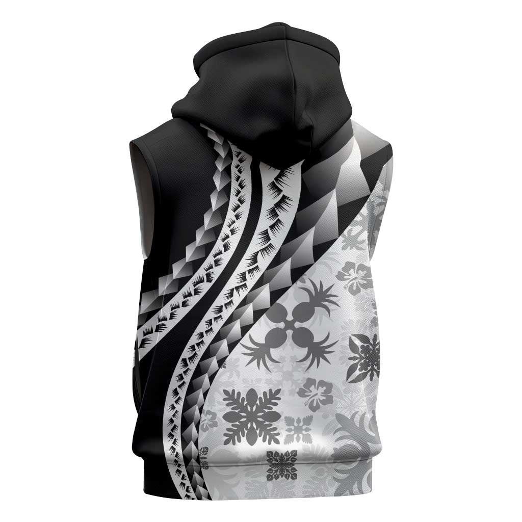 Black Hawaiian Quilt Pattern Sleeveless Hoodie Mixed Polynesian Tribal Arty - Polynesian Pride
