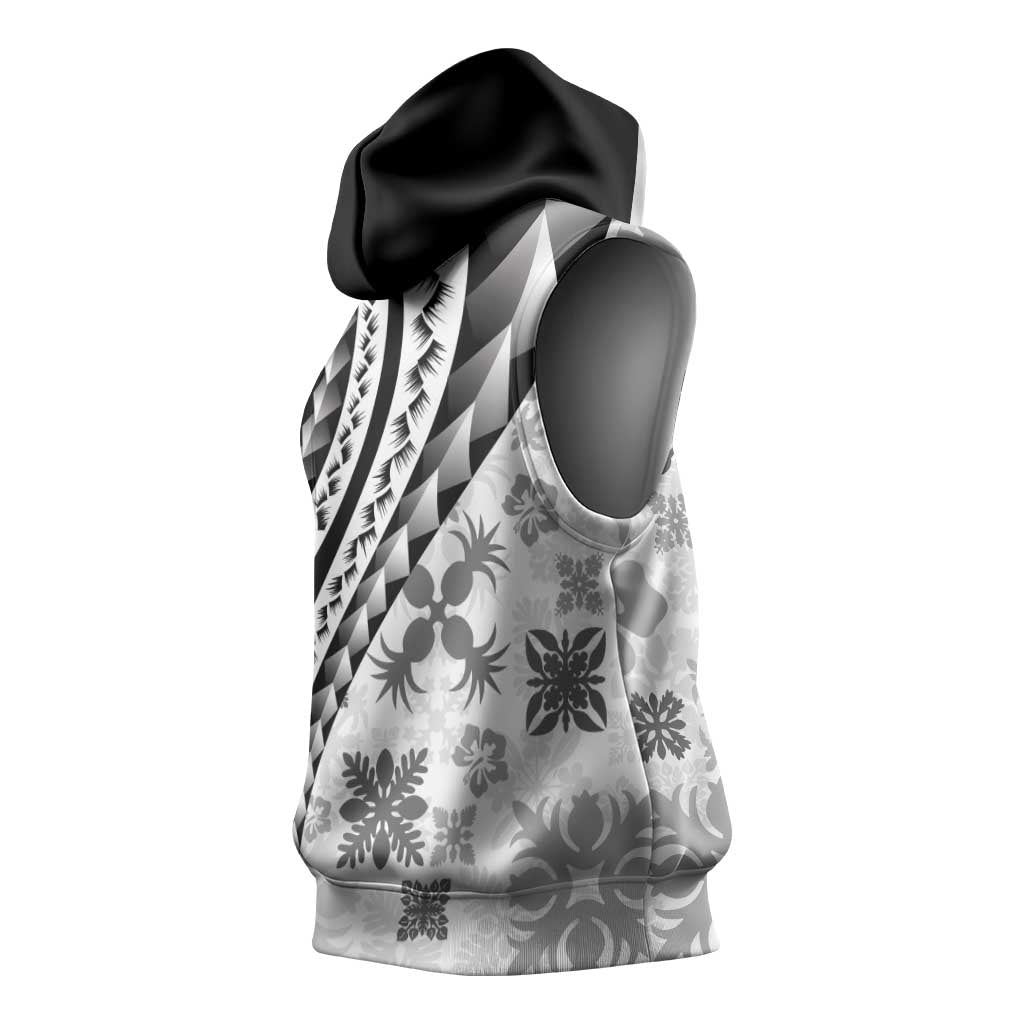 Black Hawaiian Quilt Pattern Sleeveless Hoodie Mixed Polynesian Tribal Arty - Polynesian Pride