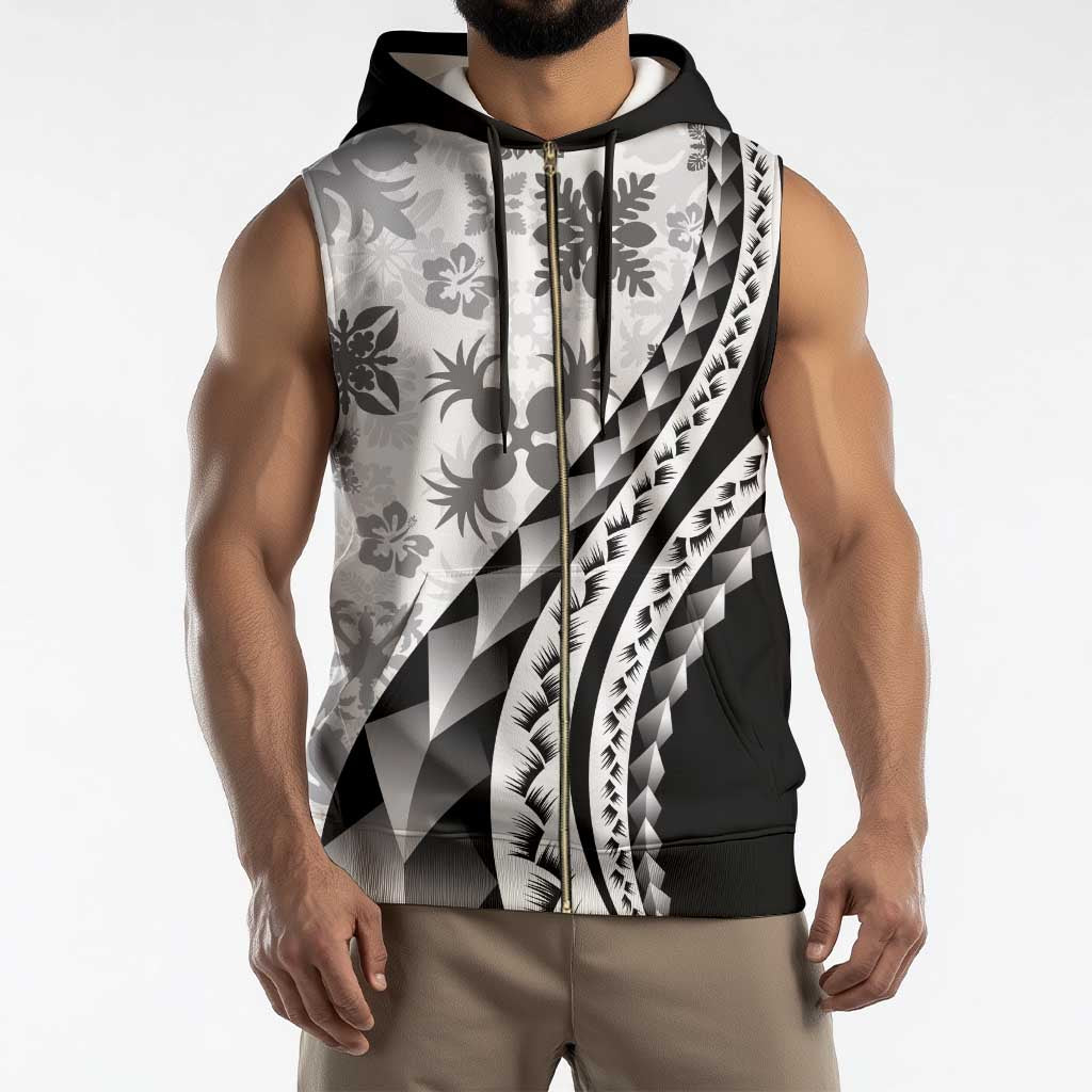 Black Hawaiian Quilt Pattern Sleeveless Zip Hoodie Mixed Polynesian Tribal Arty - Polynesian Pride