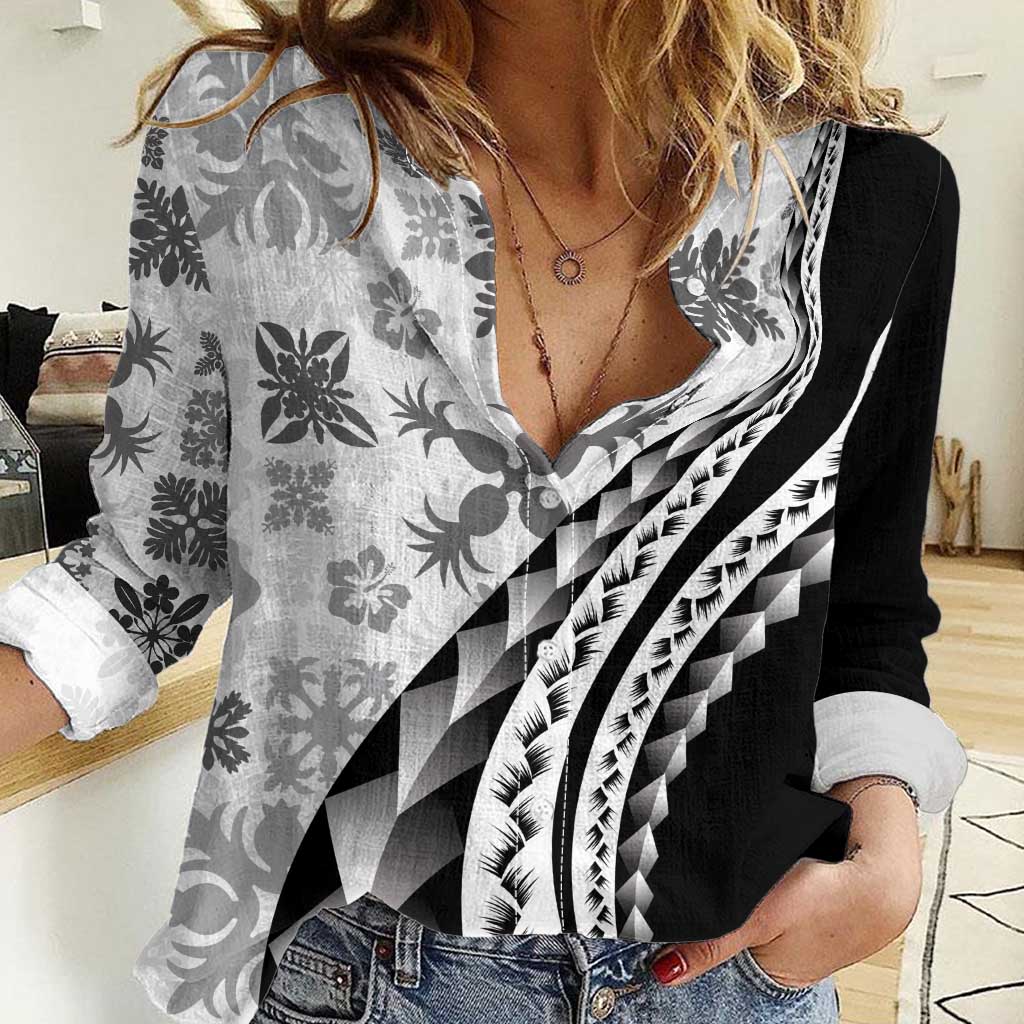 Black Hawaiian Quilt Pattern Women Casual Shirt Mixed Polynesian Tribal Arty