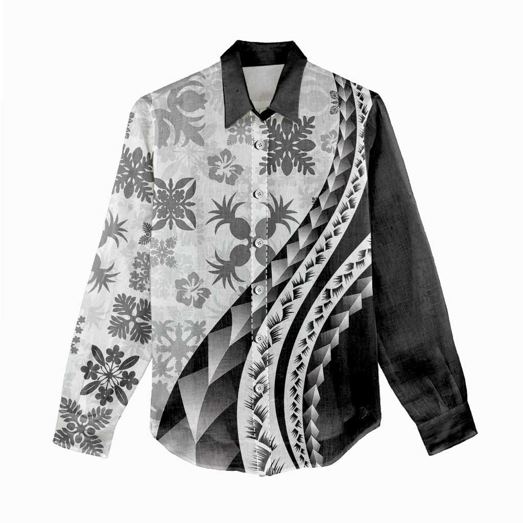 Black Hawaiian Quilt Pattern Women Casual Shirt Mixed Polynesian Tribal Arty