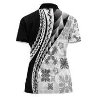 Black Hawaiian Quilt Pattern Women Polo Shirt Mixed Polynesian Tribal Arty
