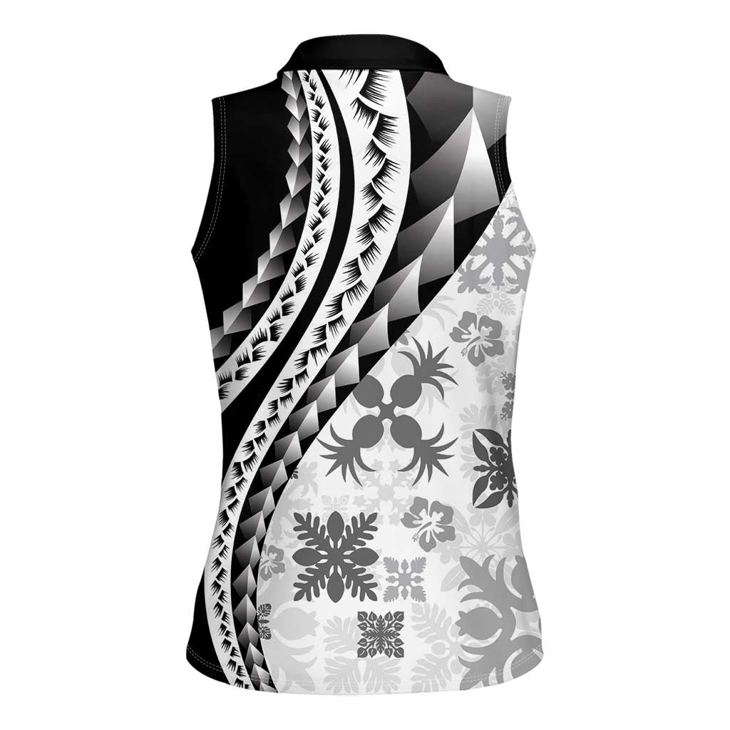 Black Hawaiian Quilt Pattern Women Sleeveless Polo Shirt Mixed Polynesian Tribal Arty