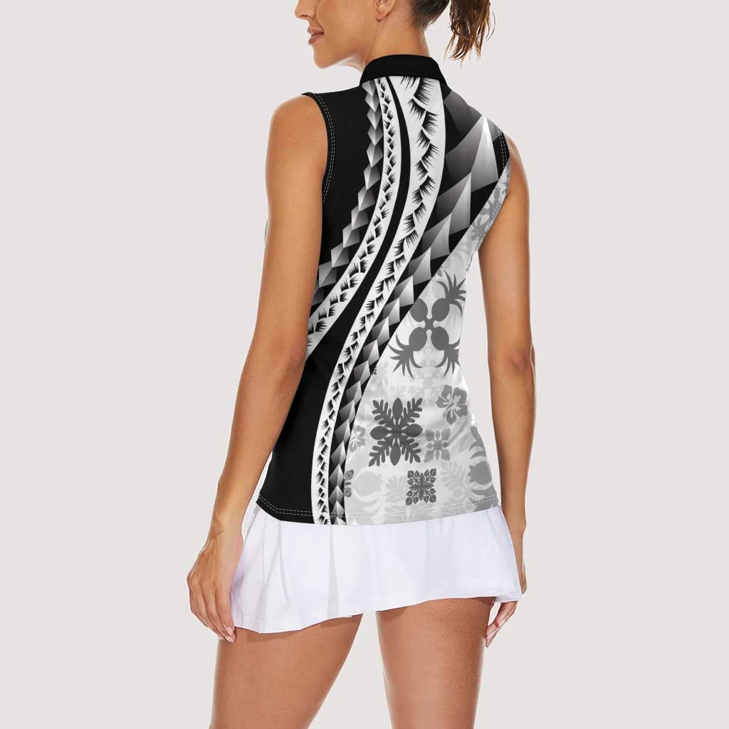 Black Hawaiian Quilt Pattern Women Sleeveless Polo Shirt Mixed Polynesian Tribal Arty