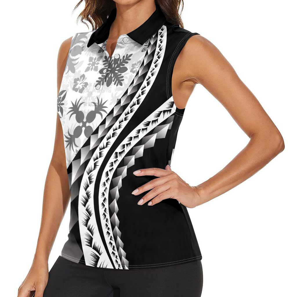 Black Hawaiian Quilt Pattern Women Sleeveless Polo Shirt Mixed Polynesian Tribal Arty
