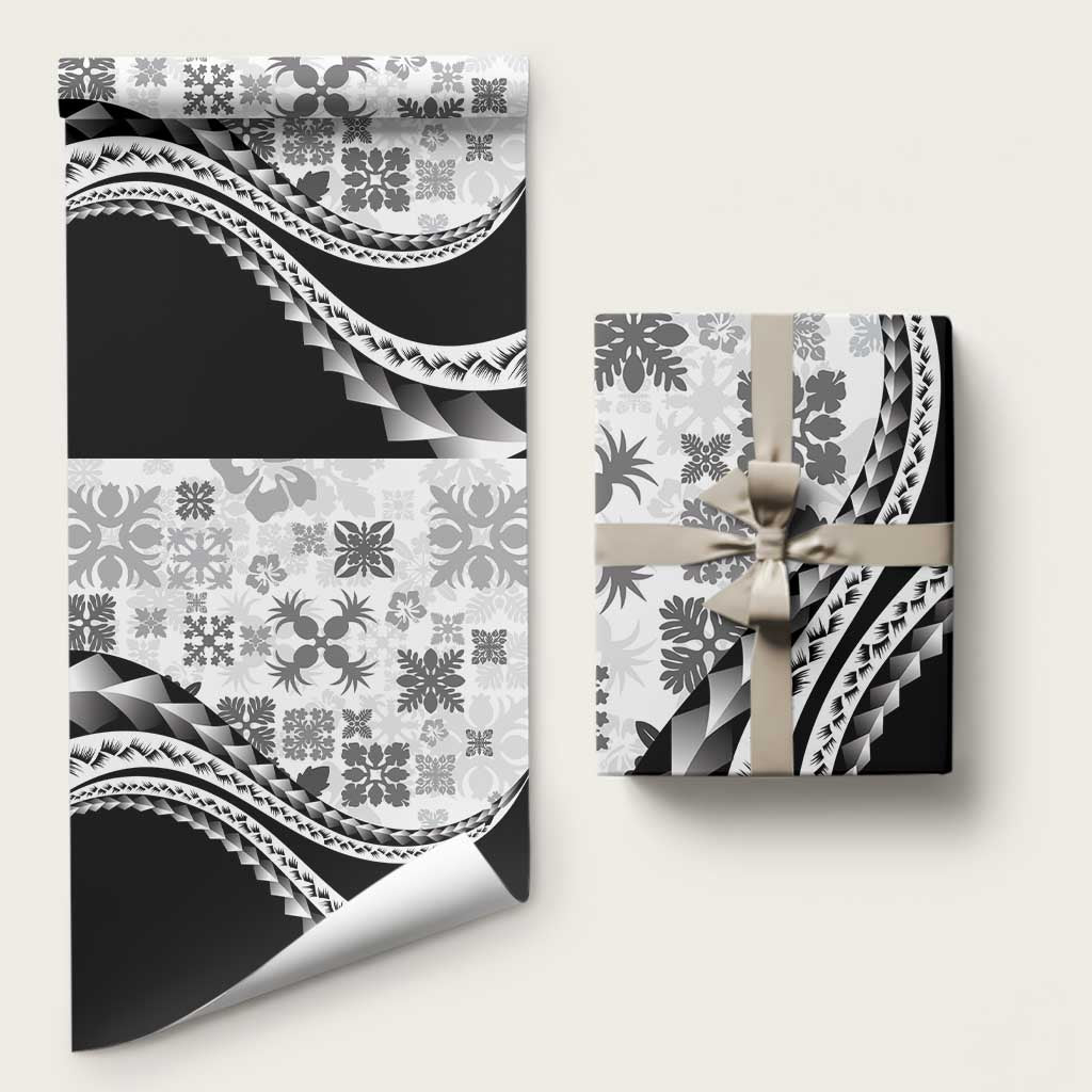Black Hawaiian Quilt Pattern Wrapping Paper Mixed Polynesian Tribal Arty LT9 58" × 23" Black - Polynesian Pride