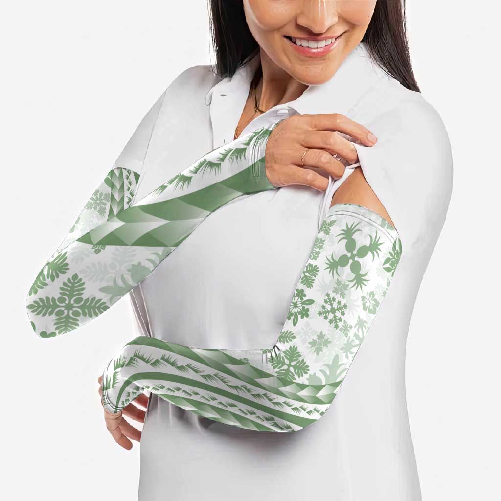 Green Hawaiian Quilt Pattern Arm Sleeves Mixed Polynesian Tribal Arty - Polynesian Pride