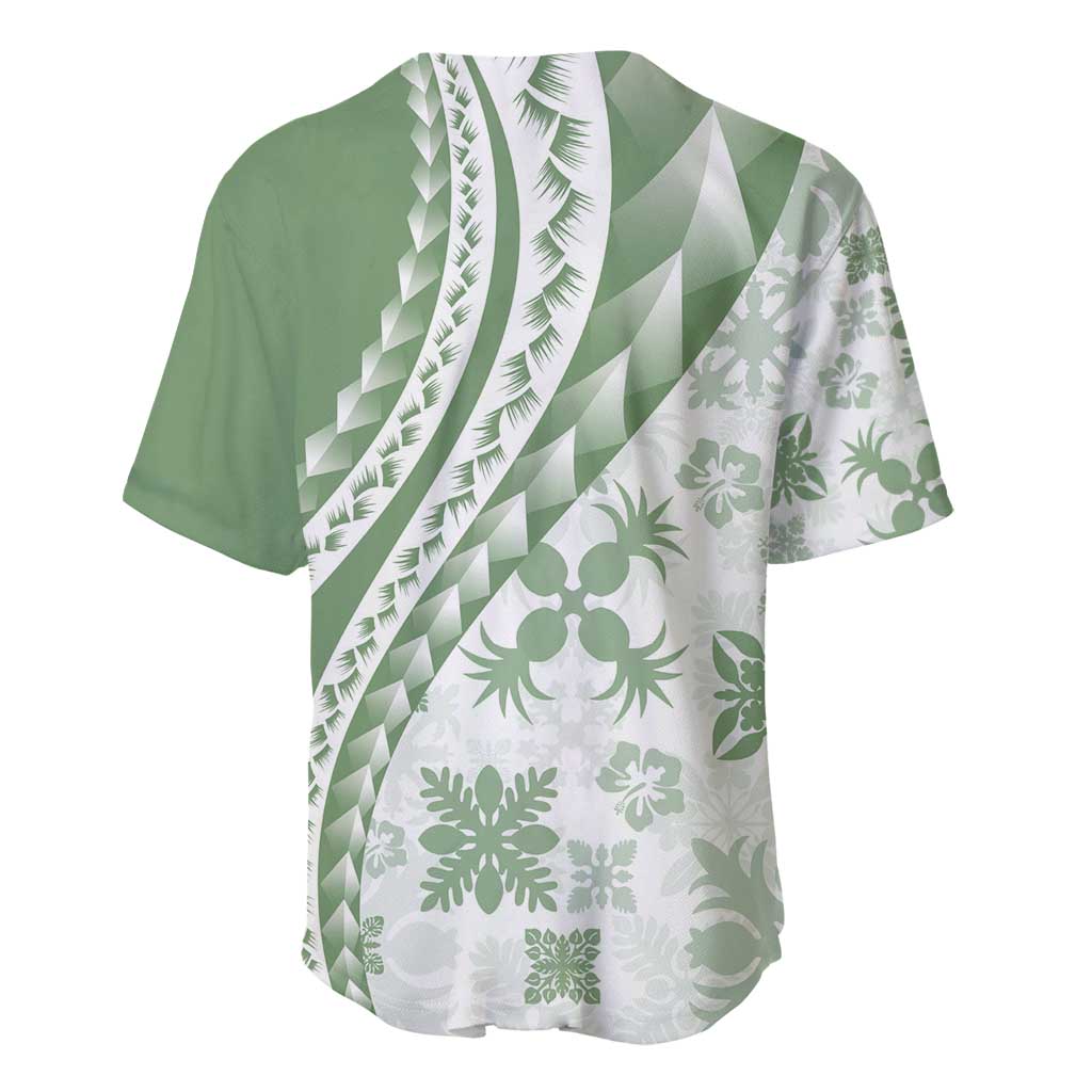 Green Hawaiian Quilt Pattern Baseball Jersey Mixed Polynesian Tribal Arty