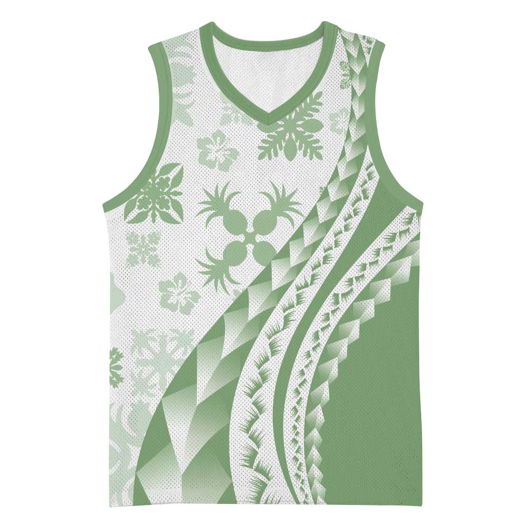 Green Hawaiian Quilt Pattern Basketball Jersey Mixed Polynesian Tribal Arty - Polynesian Pride