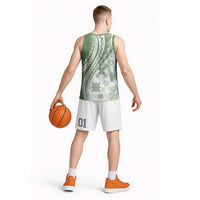 Green Hawaiian Quilt Pattern Basketball Jersey Mixed Polynesian Tribal Arty - Polynesian Pride