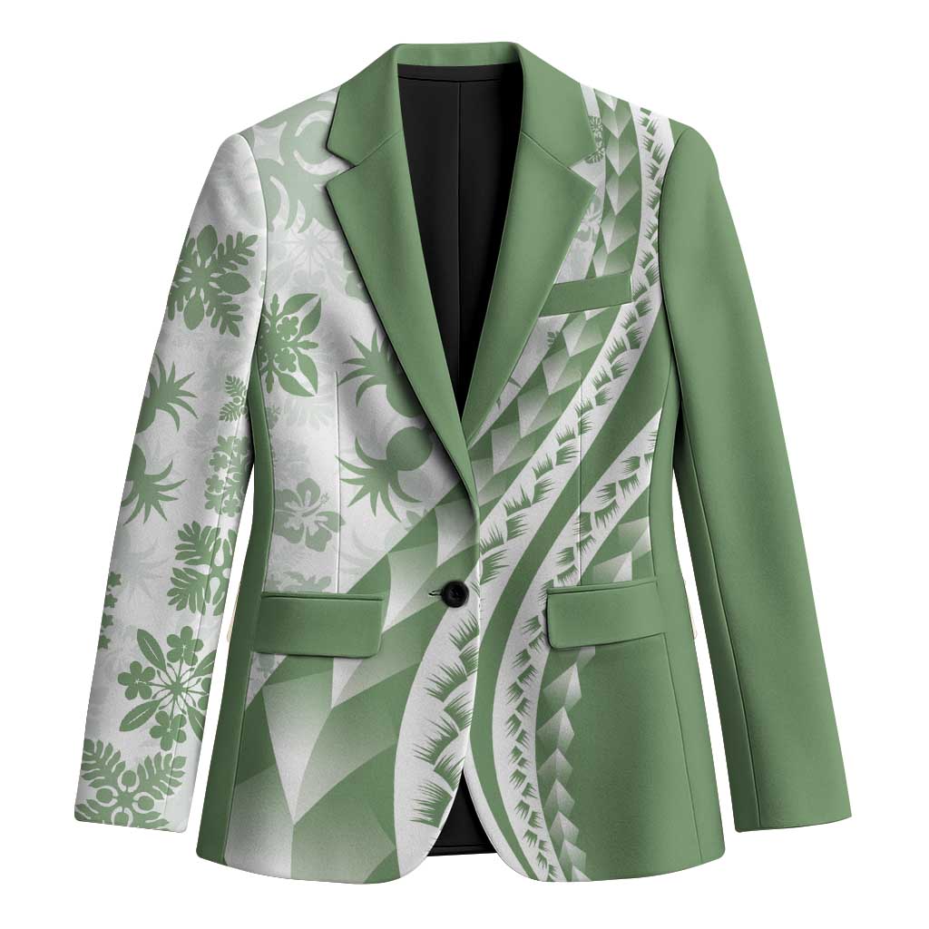 Green Hawaiian Quilt Pattern Blazer Mixed Polynesian Tribal Arty - Polynesian Pride