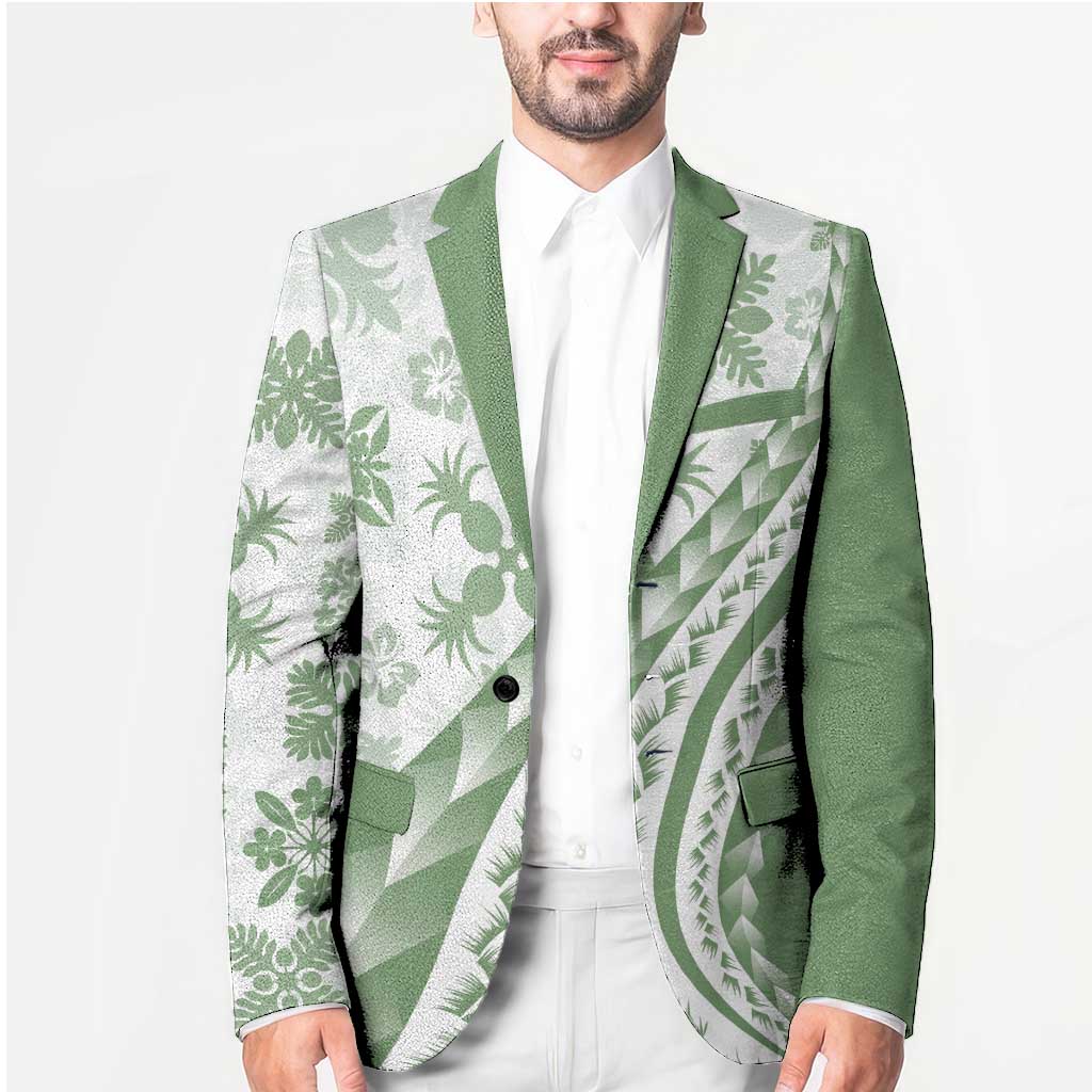 Green Hawaiian Quilt Pattern Blazer Mixed Polynesian Tribal Arty - Polynesian Pride