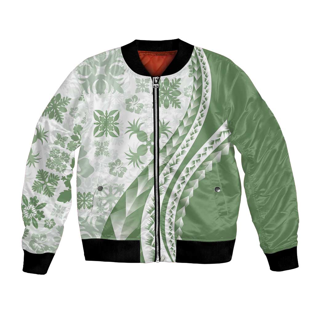 Green Hawaiian Quilt Pattern Bomber Jacket Mixed Polynesian Tribal Arty