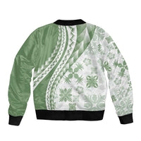 Green Hawaiian Quilt Pattern Bomber Jacket Mixed Polynesian Tribal Arty