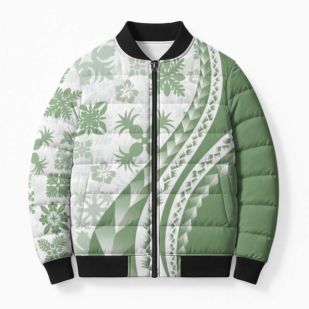 Green Hawaiian Quilt Pattern Bomber Puffer Jacket Mixed Polynesian Tribal Arty - Polynesian Pride