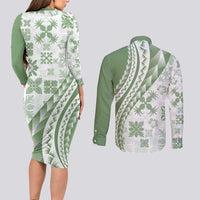 Green Hawaiian Quilt Pattern Couples Matching Long Sleeve Bodycon Dress and Long Sleeve Button Shirt Mixed Polynesian Tribal Arty LT9 - Polynesian Pride