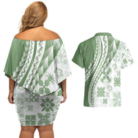 Green Hawaiian Quilt Pattern Couples Matching Off Shoulder Short Dress and Hawaiian Shirt Mixed Polynesian Tribal Arty LT9 - Polynesian Pride