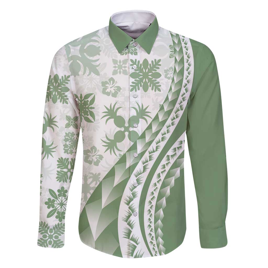 Green Hawaiian Quilt Pattern Family Matching Long Sleeve Bodycon Dress and Hawaiian Shirt Mixed Polynesian Tribal Arty