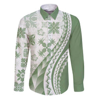 Green Hawaiian Quilt Pattern Family Matching Long Sleeve Bodycon Dress and Hawaiian Shirt Mixed Polynesian Tribal Arty