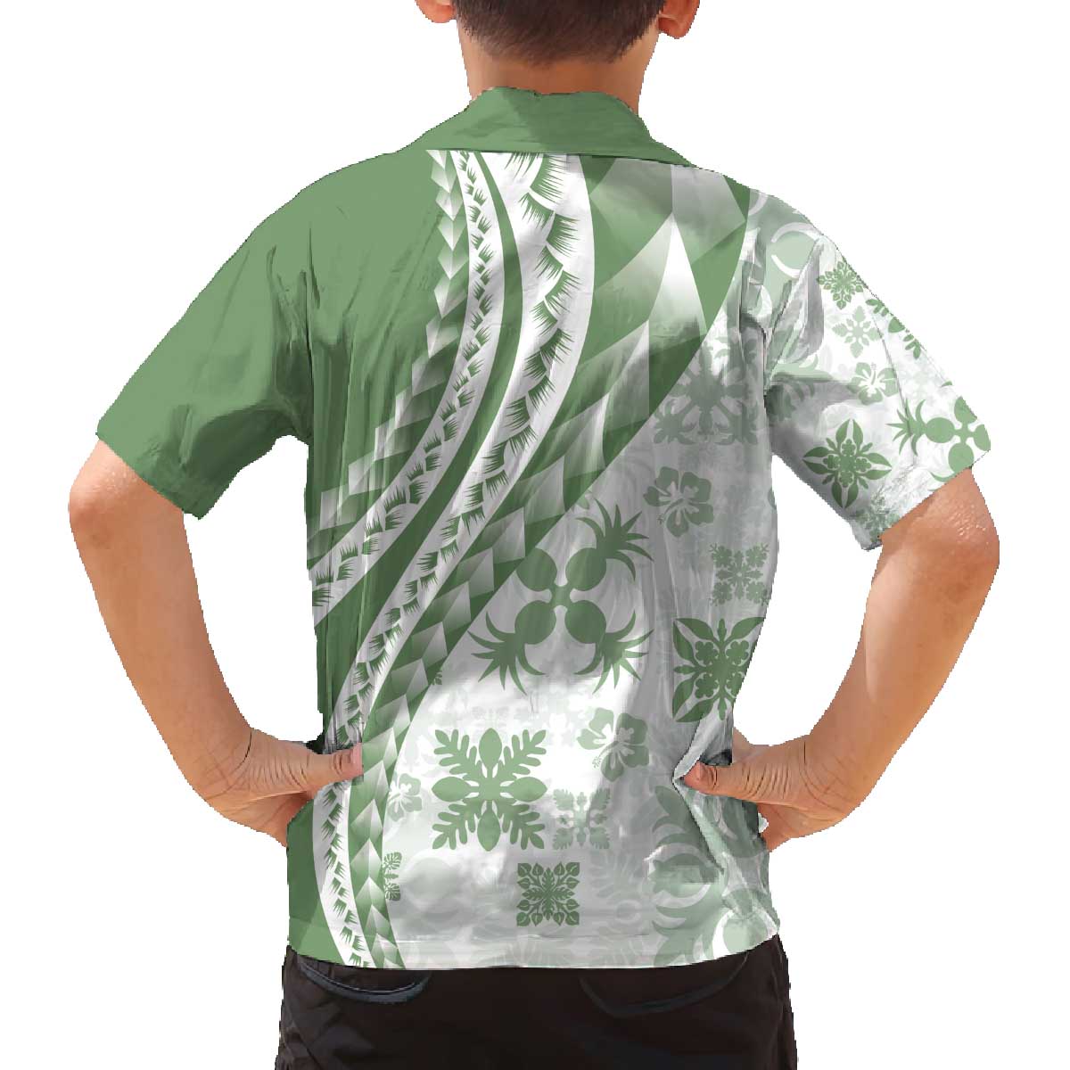 Green Hawaiian Quilt Pattern Family Matching Off The Shoulder Long Sleeve Dress and Hawaiian Shirt Mixed Polynesian Tribal Arty