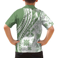Green Hawaiian Quilt Pattern Family Matching Off The Shoulder Long Sleeve Dress and Hawaiian Shirt Mixed Polynesian Tribal Arty