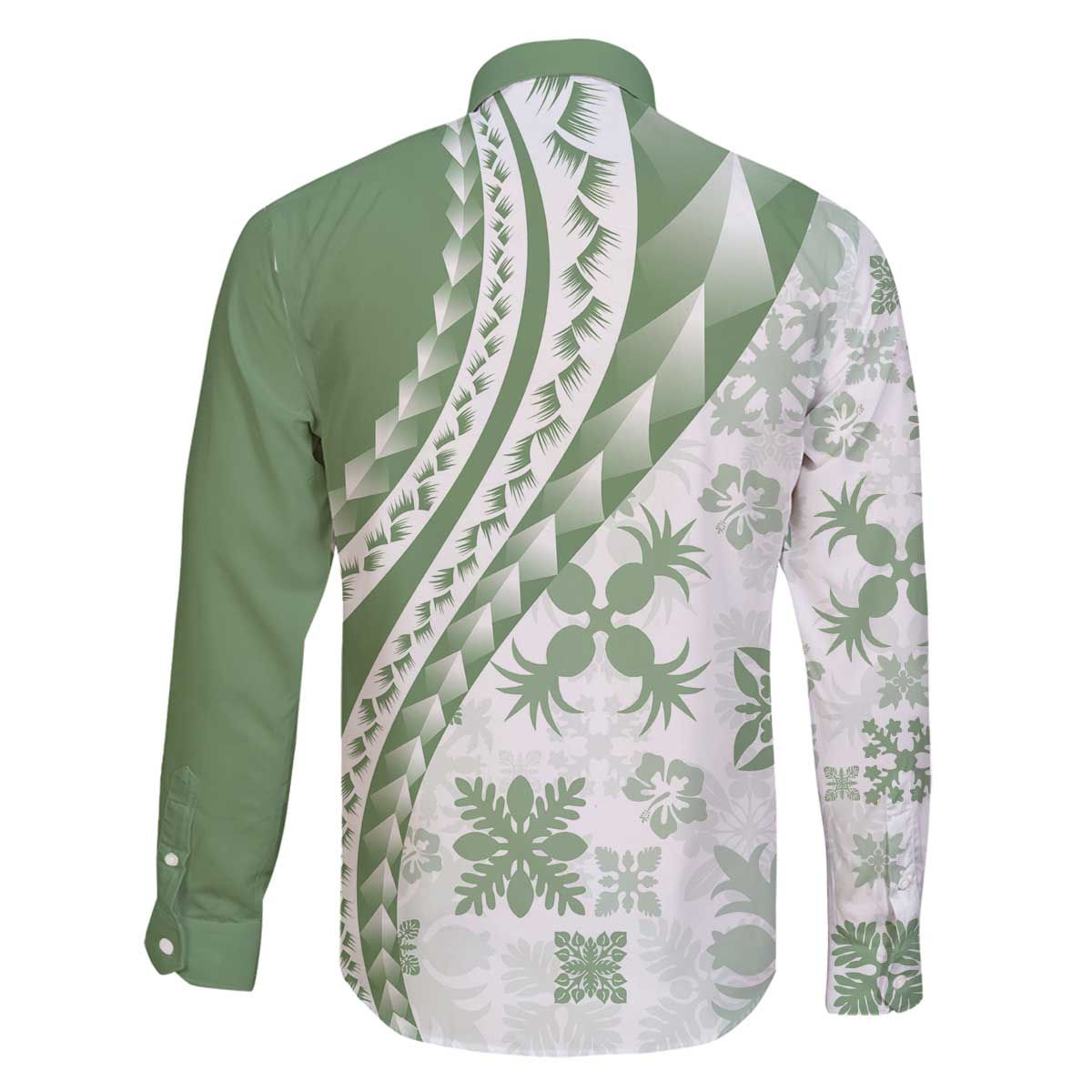 Green Hawaiian Quilt Pattern Family Matching Off The Shoulder Long Sleeve Dress and Hawaiian Shirt Mixed Polynesian Tribal Arty