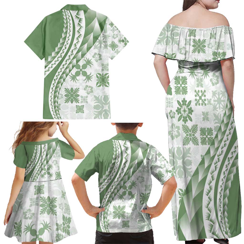 Green Hawaiian Quilt Pattern Family Matching Off Shoulder Maxi Dress and Hawaiian Shirt Mixed Polynesian Tribal Arty