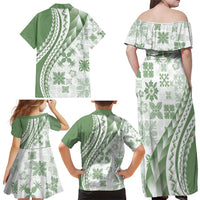 Green Hawaiian Quilt Pattern Family Matching Off Shoulder Maxi Dress and Hawaiian Shirt Mixed Polynesian Tribal Arty