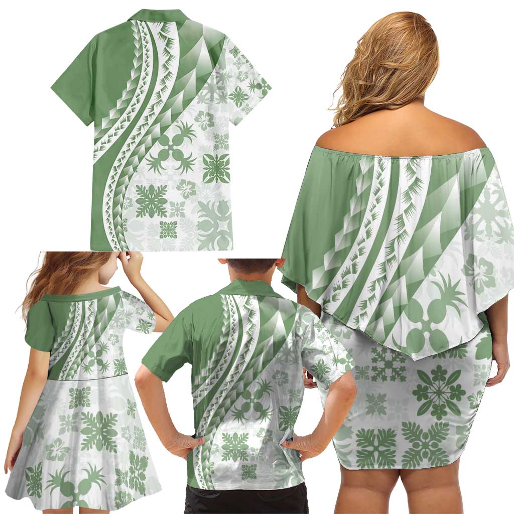 Green Hawaiian Quilt Pattern Family Matching Off Shoulder Short Dress and Hawaiian Shirt Mixed Polynesian Tribal Arty