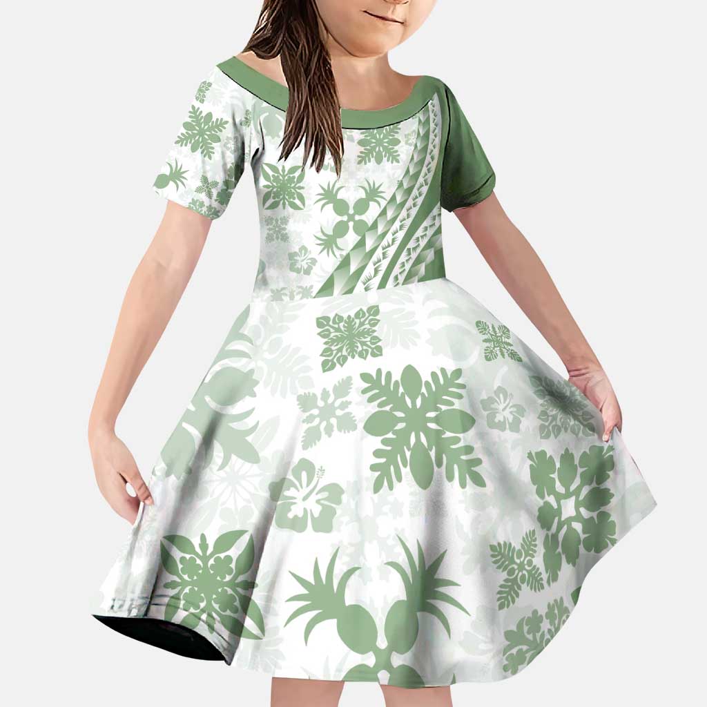 Green Hawaiian Quilt Pattern Family Matching Puletasi and Hawaiian Shirt Mixed Polynesian Tribal Arty