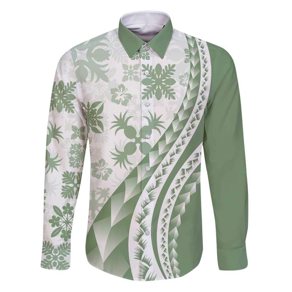 Green Hawaiian Quilt Pattern Family Matching Puletasi and Hawaiian Shirt Mixed Polynesian Tribal Arty