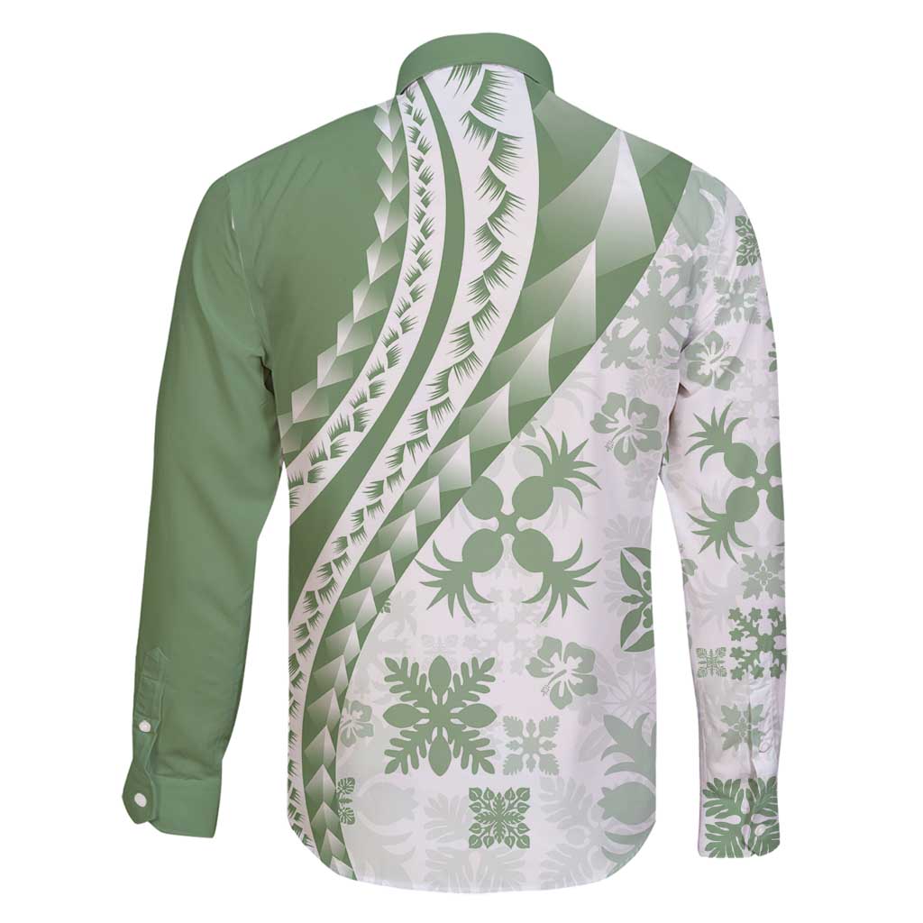 Green Hawaiian Quilt Pattern Family Matching Puletasi and Hawaiian Shirt Mixed Polynesian Tribal Arty